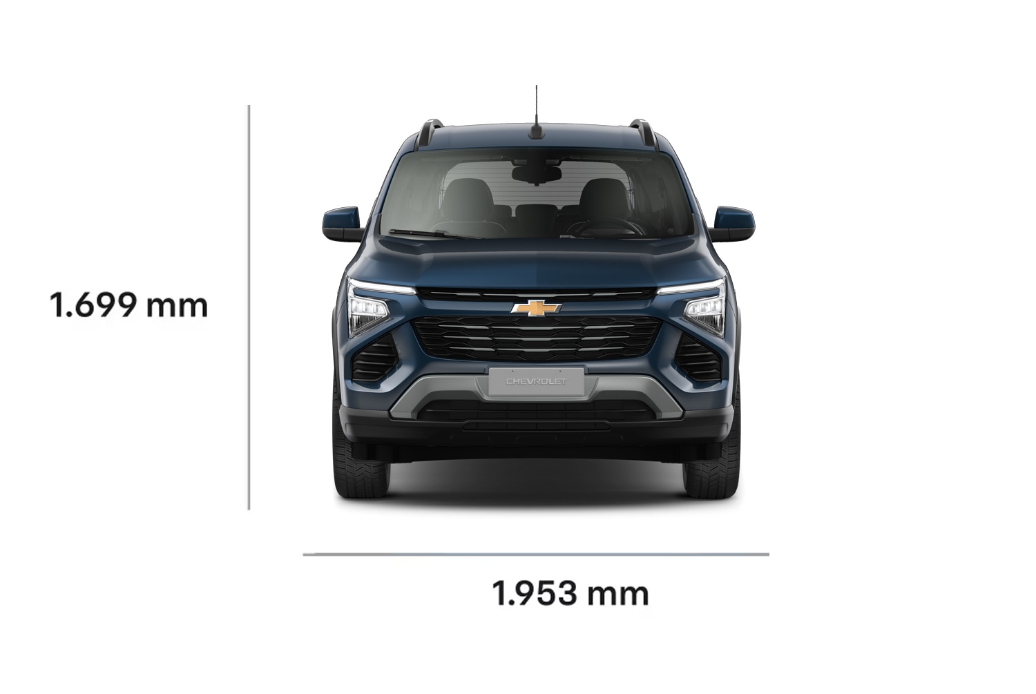 Chevrolet Spin 2026, vista frontal, com destaque para altura de 1.699 mm e largura de 1.953 mm